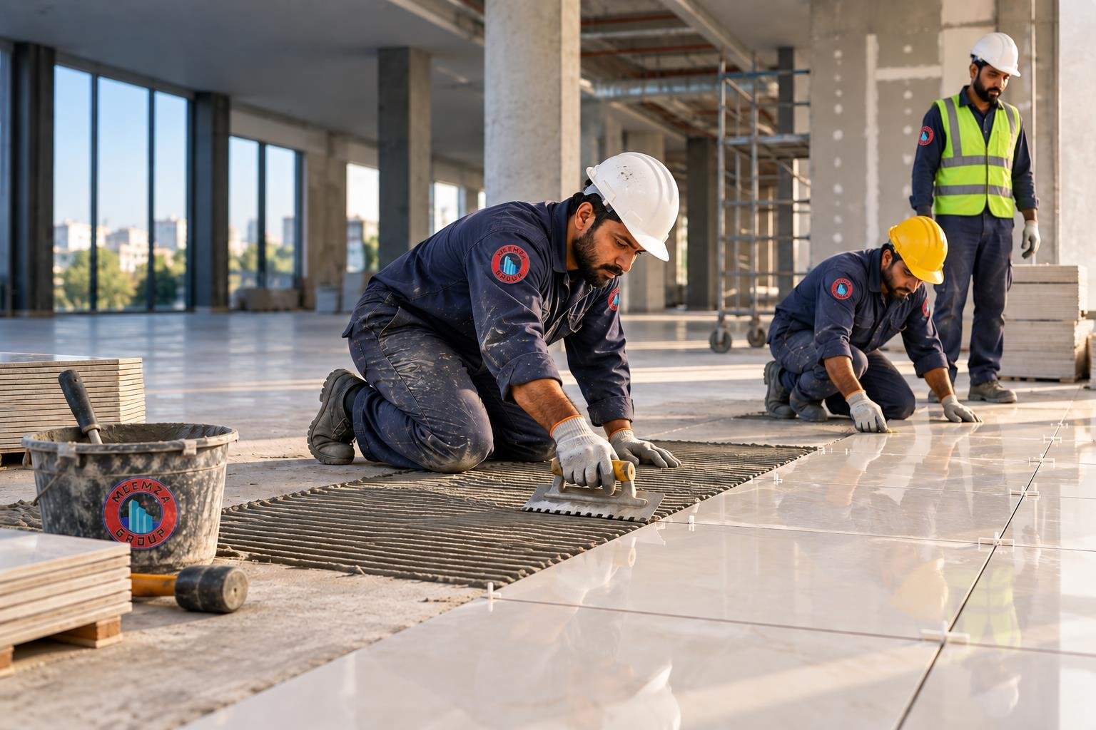 Tile installation using construction adhesive and grout
