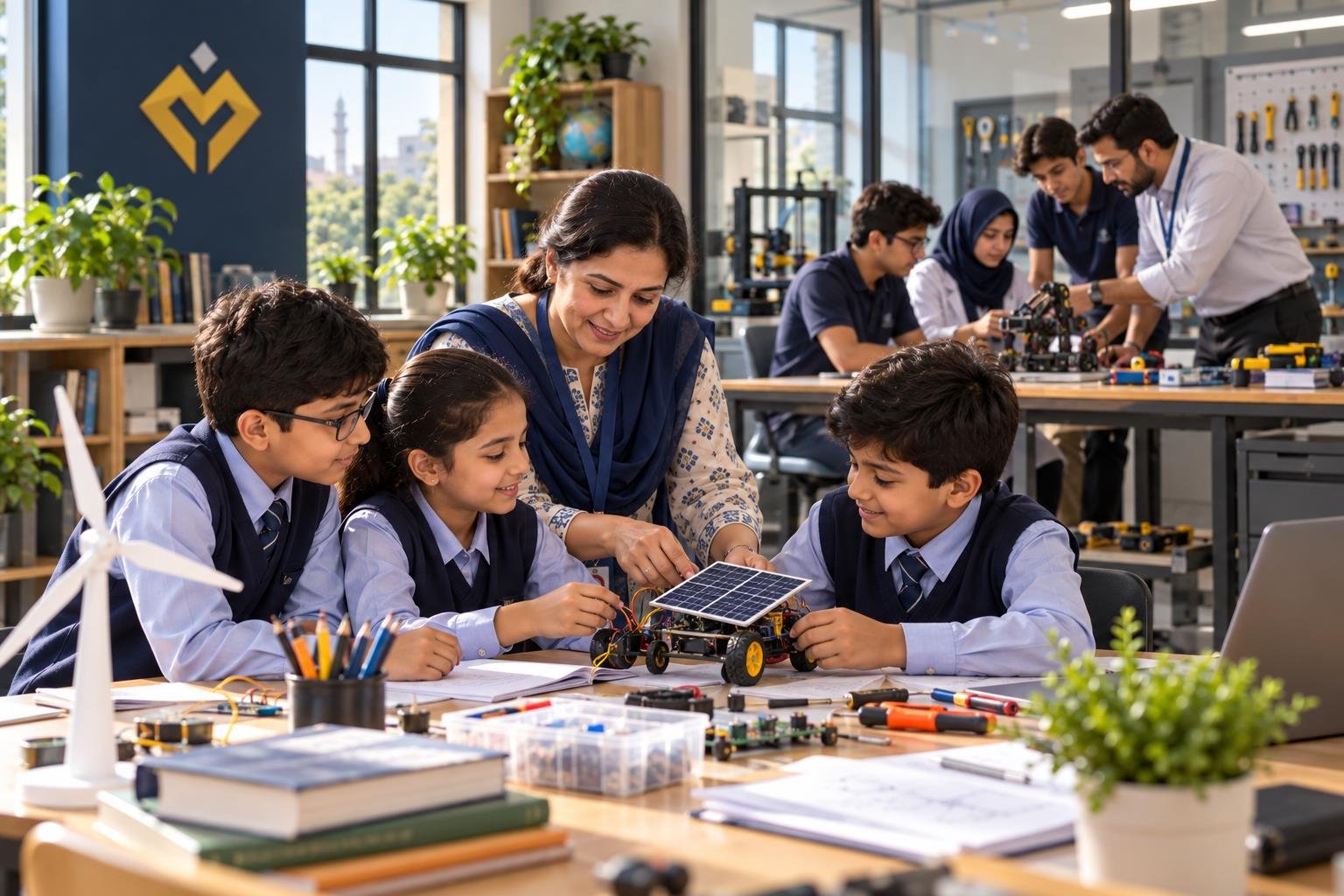 Teacher guiding school students through a solar and robotics project with older learners in an applied technology lab