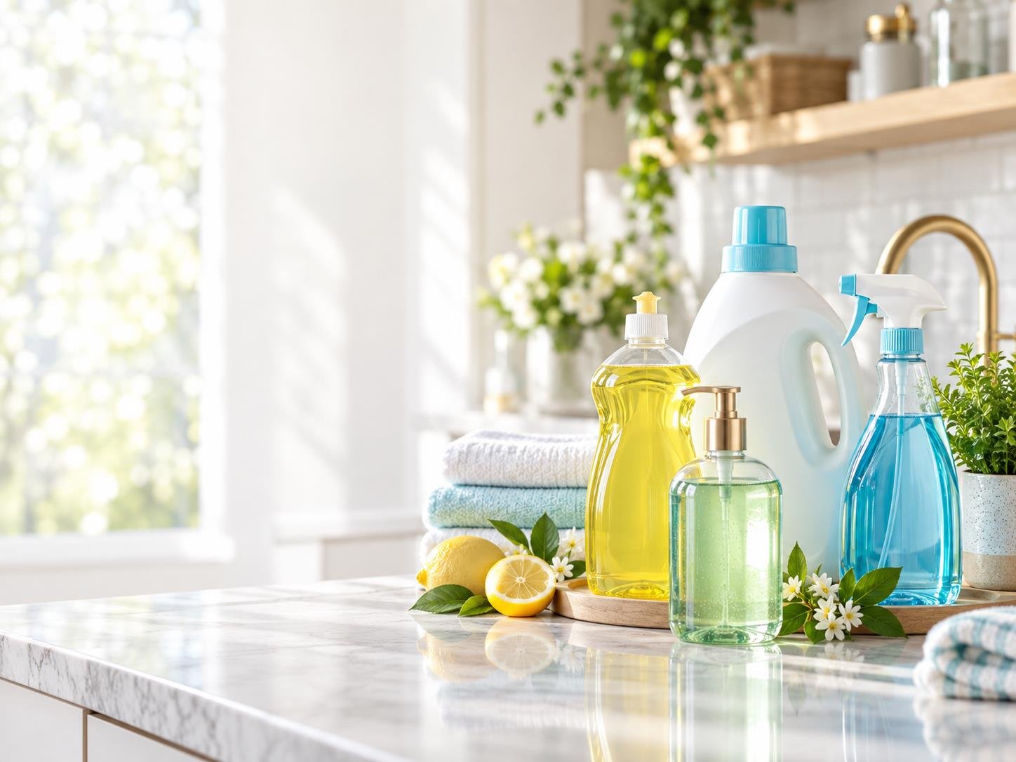 Household cleaning products arranged in a bright kitchen environment