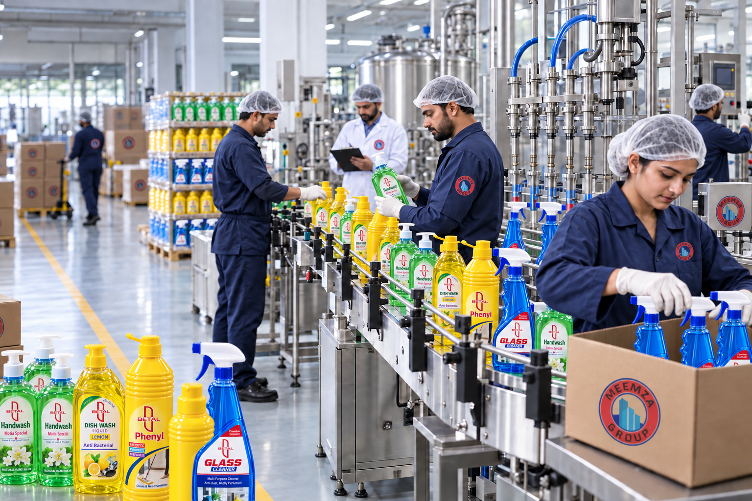 BETAL production team filling Motia handwash, Lemon dish wash, Phenyl, and Glass Cleaner bottles