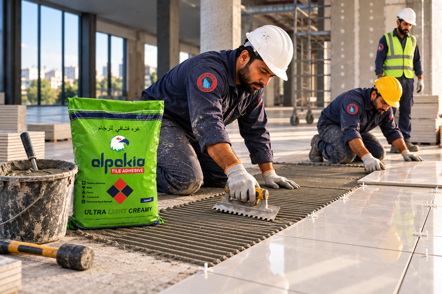 Installer applying Alpakarab tile bond beneath floor tiles with a notched trowel