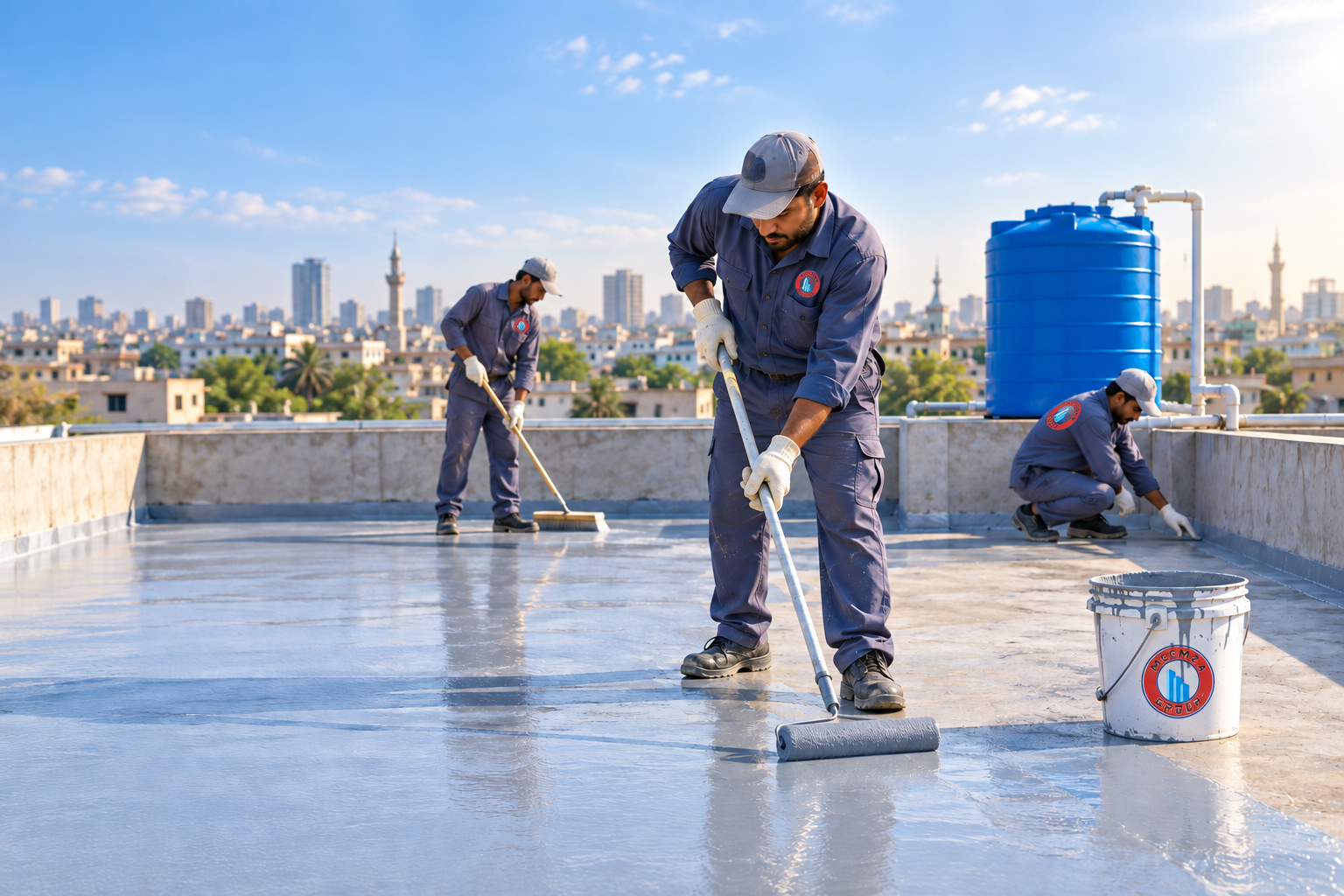 Workers applying waterproofing coating across a rooftop
